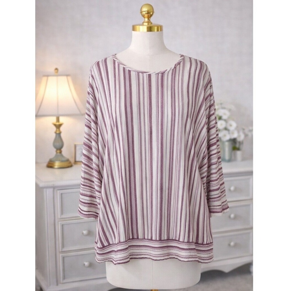 Susan Graver Weekend Popover Top Pink White Stripe 3/4 Sleeves Bubble Hem Size M